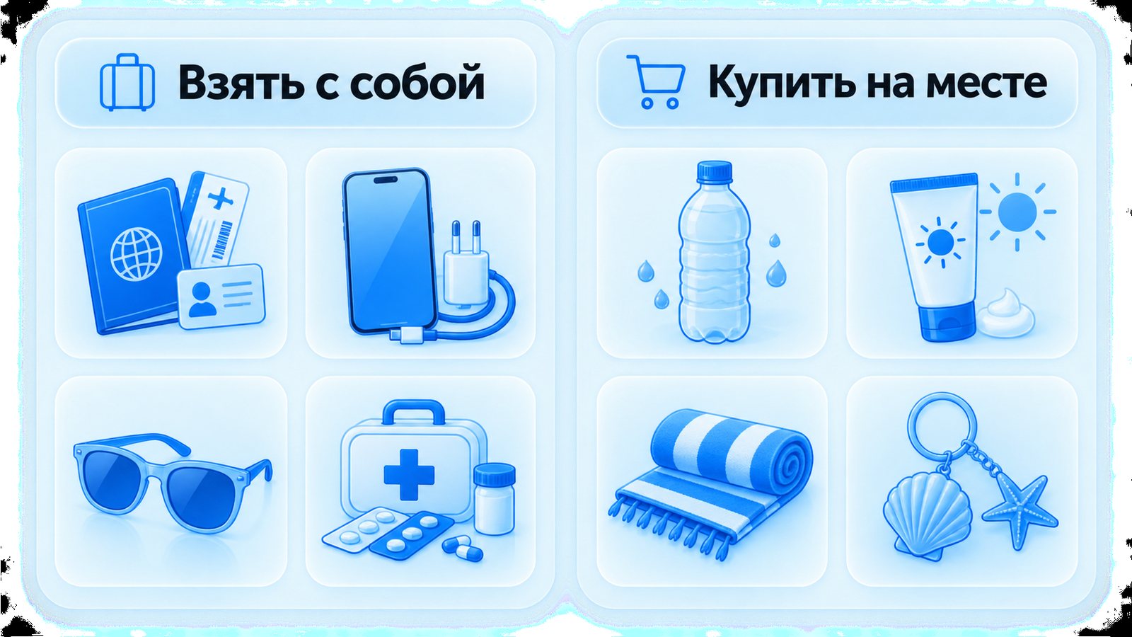 Две колонки — Взять с собой: документы, телефон с зарядкой, очки, аптечка; Купить на месте: вода, крем, полотенце, брелок