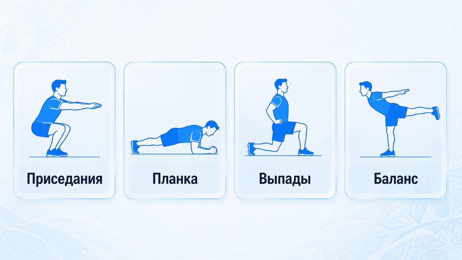 Четыре карточки с фигурками, выполняющими упражнения: Приседания, Планка, Выпады, Баланс