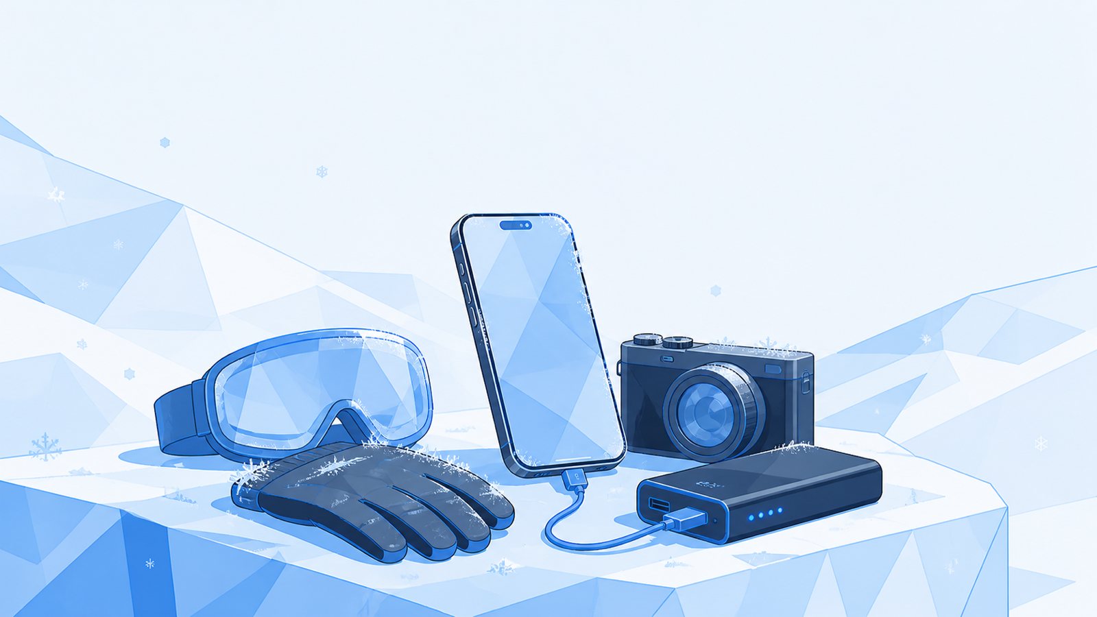 Смартфон на морозе подключён кабелем к повербанку, рядом компактная камера, перчатки и маска в инее