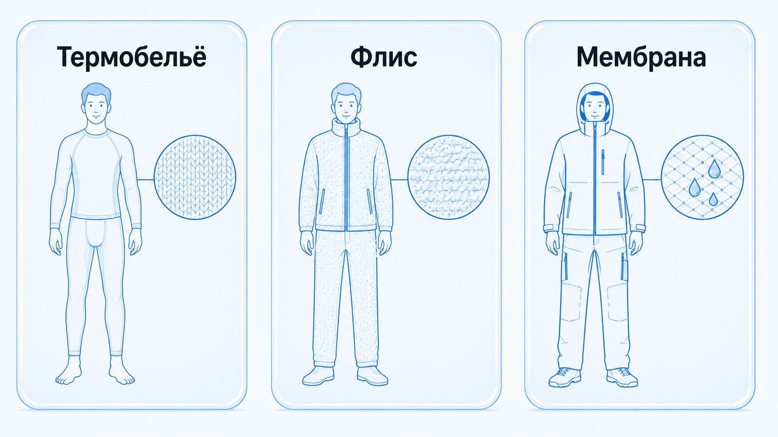 Три слоя одежды на карточках — термобельё, флис, мембрана — с увеличенной фактурой ткани у каждого